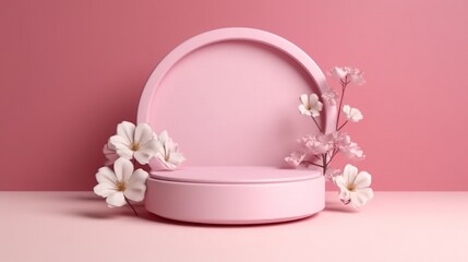 Obraz na płótnie Canvas A 3D-rendered white podium adorned with elegant pink flowers in a circular display, perfect for showcasing stylish and contemporary designs