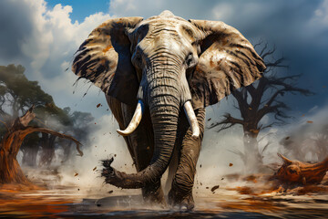 painting of a giant elephant running in the savanna