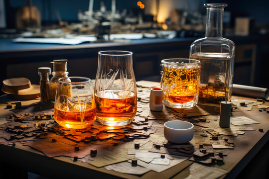 several glasses of whiskey and a bottle on a table