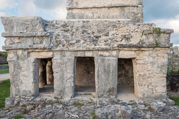 Tulum, Mexico, Dez 2017. The Temple of the Descending God, a Maya Temple built in XII Century, illuminated by the setting sun every April 6th, the birthday of The Descending God, aligned with Venus.