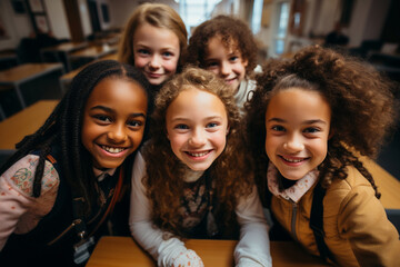 Happy student, pupil friendship concept. Multiracial classmate friends sitting together, diverse school class room. Generation z girl friends having fun social gathering inside. Youth and education