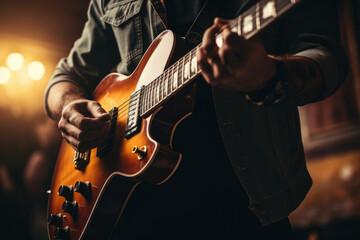 Obraz premium Close-up of a musician passionately playing a vintage guitar