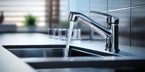 Water faucet, running water. The problem of saving water. Generative AI