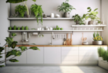 Blurred background overlooking the white kitchen interior with green plants