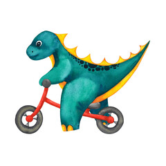 Cute Baby watercolour sport Dinosaur on red run bike. Sports equipment. Hand drawn illustration isolated on white.