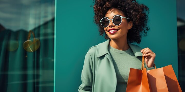 Young beautiful woman on a green background with purchases. Generative AI