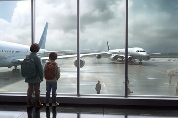 Two kids watch through the airport window for a large standing plane