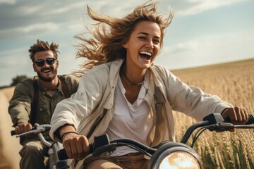 Fototapeta na wymiar Man and woman travelling on motorcycle riding in a wheat field