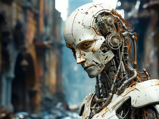 Fototapeta premium illustration of cyborg robots in dystopian future, humans are extinct, machines rule the world