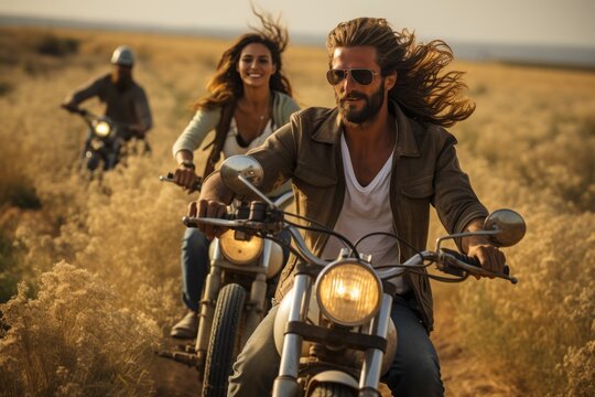 Man and woman travelling on motorcycle riding in a wheat field