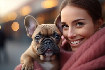 Woman holding cute French Bulldog