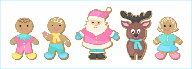 Fototapeta premium Christmas gingerbread sugar cookies candy colors. Bright pastel color palette. Christmas bisquits cute vector illustration. Whimsical cartoon characters gingerbread man, woman, Santa Claus, reindeer.