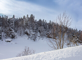 A frosty winter morning in a mountainous area with frozen nature and snow captivity.