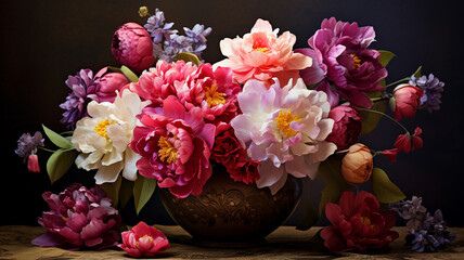 Obraz na płótnie Canvas bouquet of various colored peonies arranged in an antique vase, AI Generative.