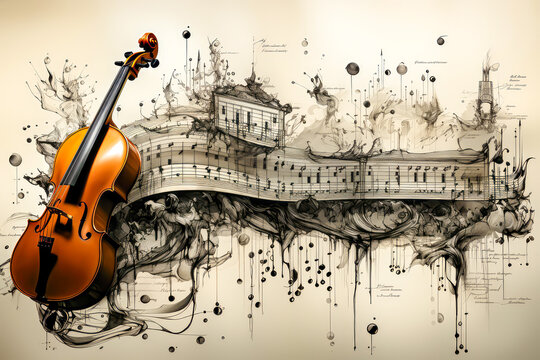 a violin on a hand-drawn score, data visualization style, music