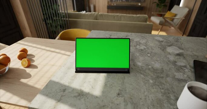 Tablet place on kitchen table, Green screen telephone, Close up display digital with mock up