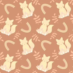 Autumn cartoon animals seamless fox and mushrooms fly agaric pattern for wrapping paper and fabrics and kids