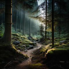 Dramatic High-Contrast Fine Art Forest Photograph with Cool Colors and Artistic Composition