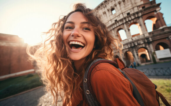 Adventurous Young Native Woman, Backpack-Clad, Captures a Selfie with the Iconic Colosseum of Rome in the Background, Italy

