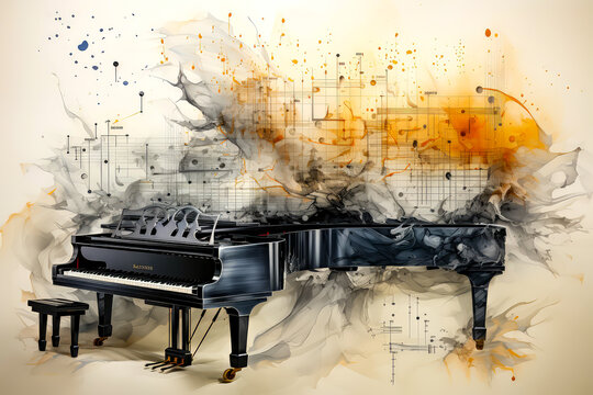 a piano on a hand-drawn score, data visualization style, music