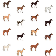 Different breeds of horses - seamless pattern. Contour vector illustration for prints, clothing, packaging and postcards.