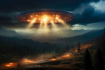 a saucer from another planet in the sky in the forest