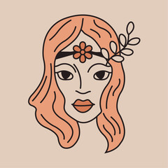 Woman face in boho line art style