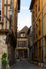 Medieval central part of Troyes old city with half-timbered houses and narrow streets, Champagne, France, tourists destination