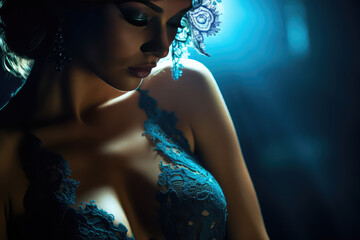 Portrait of a beautiful young girl in a black lace negligee. Creative concept of handmade designer lingerie.
