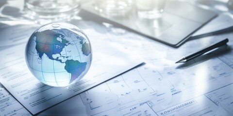 Glass Globe Resting upon Share Charts on a White Table, Symbolizing the Intersection of Business, Stock Market, and Global Finance, Integral to Investment and Economic Trends