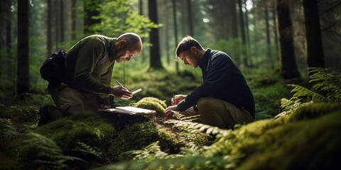 Scient Engaging in Scientific Notetaking Amidst a Lush Forest, Demonstrating a Rigorous Approach to Understanding Nature and Fostering Environmental Protection Through Research, Education