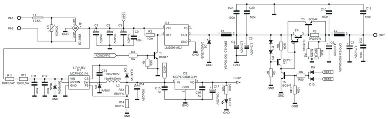 Schematic diagram of electronic device. 
Vector drawing electrical circuit with 
 resistor, transistor, diode, coil, 
led, power unit, integrated circuit.