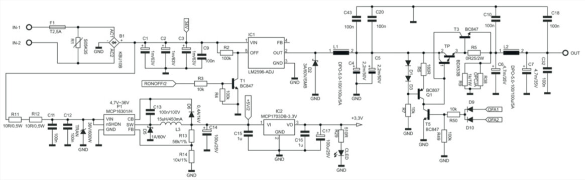 Schematic Diagram Of Electronic Device. 
Vector Drawing Electrical Circuit With 
 Resistor, Transistor, Diode, Coil, 
Led, Power Unit, Integrated Circuit.