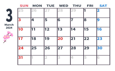 2024年3月の月間カレンダー