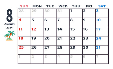 2024年8月の月間カレンダー