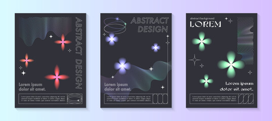 Vector abstract poster templates with linear shapes,blurred sparkles,copy space for text in 90s style.Futuristic illustrations in y2k aesthetic.Modern designs for prints,banners,social media,covers.