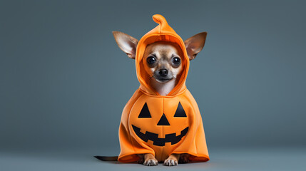 Adorable, Happy Dog Wearing a Halloween Costume Looking Lovingly - Against a Vibrant Background with Studio Lighting Effect - Spooky Season - Pumpkin or Jack-O-Lantern 