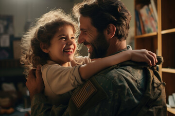Excited military dad reuniting with his child at home