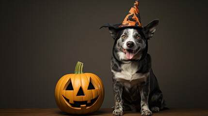 Adorable, Happy Dog Wearing a Halloween Costume Looking Lovingly - Against a Vibrant Background with Studio Lighting Effect - Spooky Season - Pumpkin or Jack-O-Lantern 