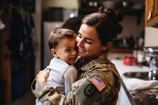 Excited military mom reuniting with her child at home