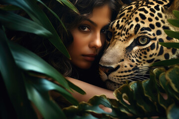 Portrait of a woman with leopard - obrazy, fototapety, plakaty