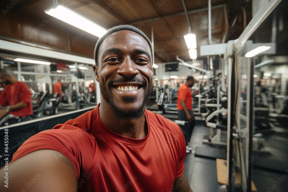 Wall mural Portrait selfie of smiling young afro american man, male sportsman in sportswear doing training workout at gym, boxer looks friendly, happy and welcoming. Active life, getting stronger, sport concept