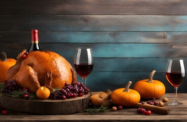 Obraz na płótnie Canvas Happy thanksgiving background design with roasted turkey and wine on wooden table, banner with copy space text 