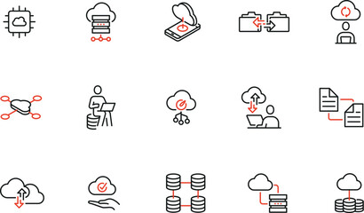 Vector set of linear icons related to network cloud service, cloud storage, data transfer and synchronization. Mono line pictograms and infographics design elements - part 3