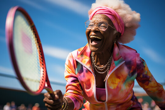 Active games, healthy activities for any ages, active life concept. Excited happy charming senior middle aged old african american lady, woman holding tennis racket, a ball, playing tennis