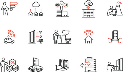 Vector set of linear icons related to building technology, smart houses, urbanism, modern innovation for comfort. Mono line pictograms and infographics design elements 