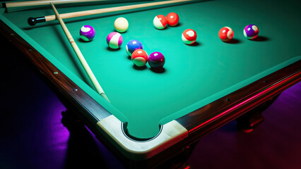 Billiard balls of different colors on the pool table. 