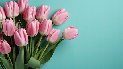 tulips on blue background, copy space