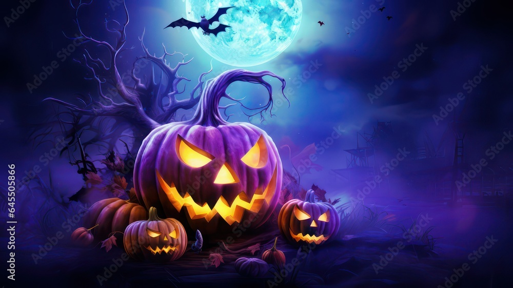 Poster halloween background with nebula, pumpkin, bat and full moon created with generative ai