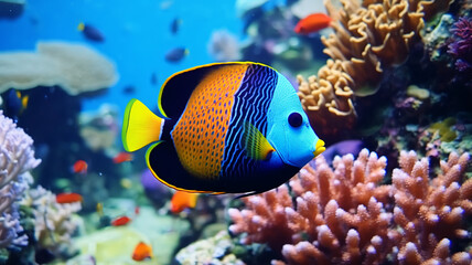Fototapeta na wymiar Close-up of a vibrant angelfish swimming among colorful coral reefs, AI Generative.